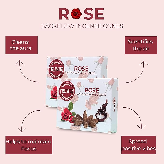 Rose Backflow Incense Cones - Total 20 Incense Cones Waterfall - Dual Pack of 10 Incense Backflow Cones - Waterfall Incense Cones - Incense Waterfall Cones TRUMIRI