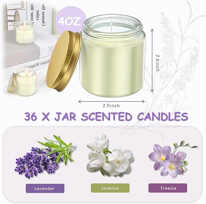 ACITHGL 36 Pcs 4oz Mini Mason Jar Candles Small Scented Candles Bulk Aromatherapy Ideal Souvenir Favors for Wedding Birthday Party (Freesia, Lavender, Jasmine, Gold) - Bloomnest