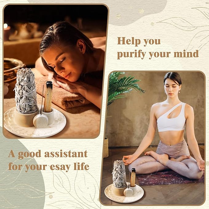 4 in 1 Incense Holder, Ceramic Incense Stick and Palo Santo Holder,Sage Holder for Burning- 5.5" Ceramic Ash Catcher Tray for Meditation and Yoga Room (Sand) - Bloomnest