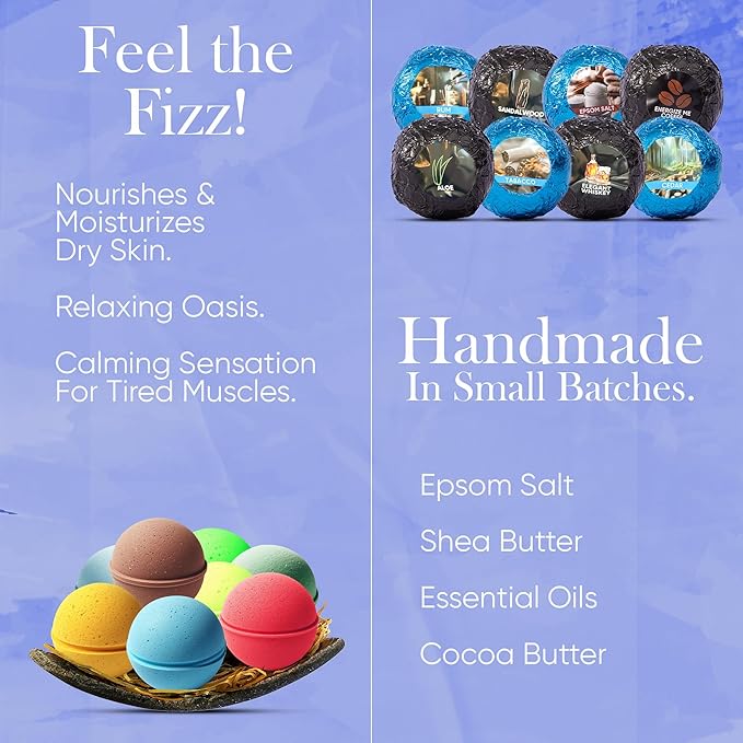 Bath Bombs for Men - Mens Relaxing Bath Bombs Gift Set - Organic with Masculine Scents for Him - 2.5 Oz Each - Gift Set of 8 Scented with Natural Essential Oils for Boyfriend, Husband or Father - Bloomnest