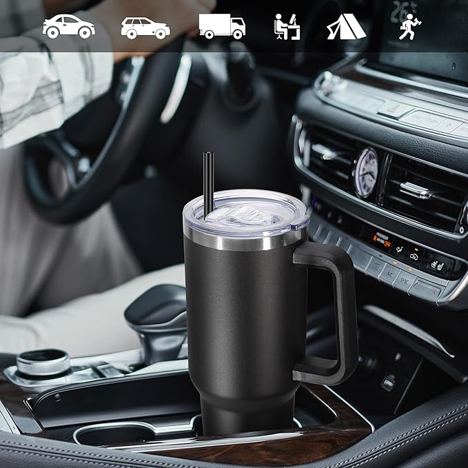 DOMICARE 40 oz Tumbler with Handle and Straw, Stainless Steel Tumbler with Lid and Straw, Reusable Vacuum Insulated Cup, Travel Coffee Mug, Black, 4Pack - Bloomnest
