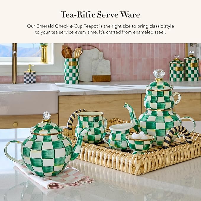 MACKENZIE-CHILDS Enamel Teapot, Cute Small Teapot with Lid, 4-Cup Capacity, Green-and-White Emerald Check - Bloomnest