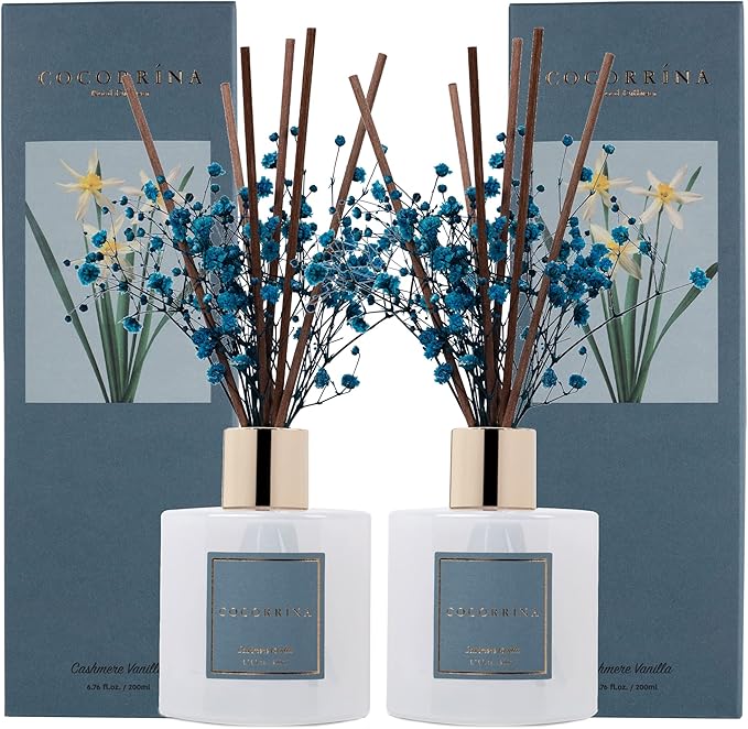 Cocorrína Premium Reed Diffuser Set with Preserved Baby's Breath & Cotton Stick Cashmere Vanilla 2 Packs, 6.7oz Scent Fragrance Oil Diffuser for Bedroom Bathroom Home Décor - Bloomnest