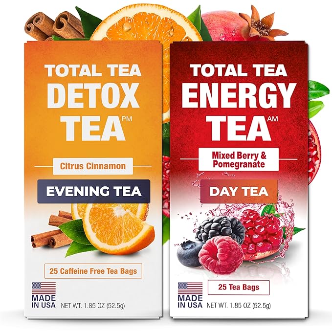 Total Tea Detox Tea & Energy Set - 25 Day Detox - Herbal SIim Tea with Chamomile - Hibiscus Tea and Ginger Root for Colon Cleanse – Natural Citrus & Cinnamon Fruit Tea for Digestive Health - Bloomnest