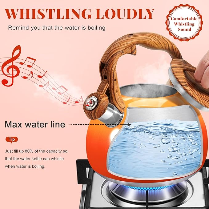 GGC Tea Kettle for Stove Top, 3.1QT/3L Whistling Tea Kettles for Boiling Water, Coffee or Milk, Red Sunset Tea Pot with Wood Pattern Handle, Stainless Steel Tea Pot for Home and Kitchen - Bloomnest