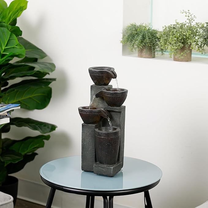 Alpine Corporation TZL416 14" Stoned Jar Water Fountain with Cascading LED Lights, Stylish Tabletop Water Feature for Home, Office, Living Room, Bedroom & Desk Decor, Gray - Bloomnest
