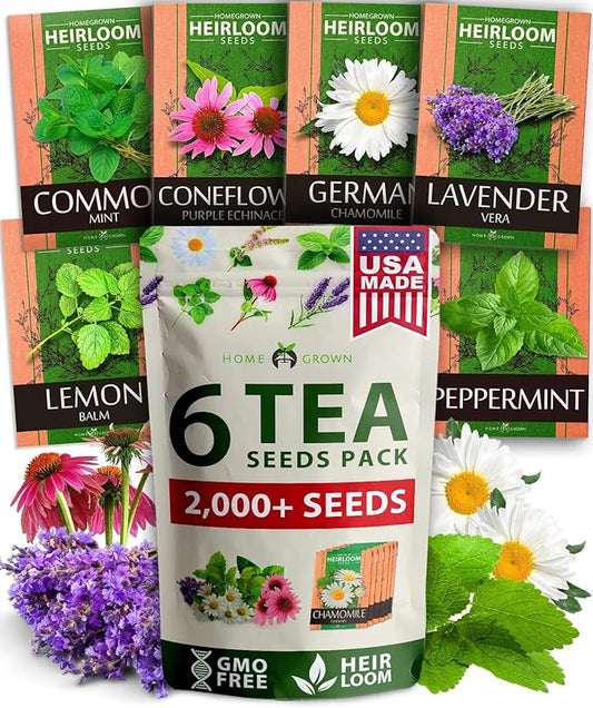 HOME GROWN Medicinal Herb Seeds Vault – 2,000+ Seeds, 6 𝗡𝗢𝗡-𝗚𝗠𝗢 𝗨𝗦𝗔 Heirloom Varieties for Indoor & Outdoor Garden – Lavender, Chamomile,Mint,Lemon Balm,Peppermint,Echinacea +Garden Markers