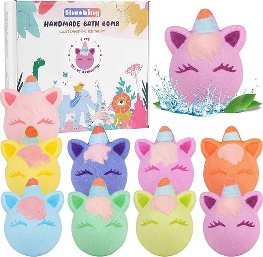 SHUCHING 9 XXL Unicorn Bath Bombs with Surprise Inside, Natural and Organic Bubble Bath Fizzy Balls for Kids, Birthday Christmas Gifts Set for Girls - Bloomnest