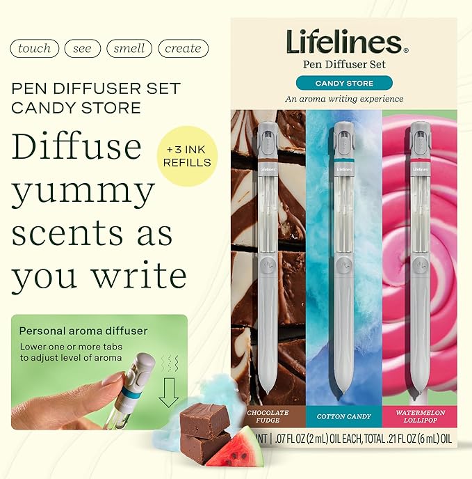 Lifelines Pen Diffuser Set, Candy Store 3-Pack - 1mm Black Ballpoint Pens with Scented Essential Oil Blends – Aromatherapy Diffuser & Sensory Immersion Diffuse Aroma As You Write - Bloomnest