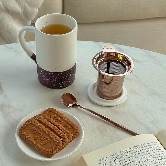 Mora Ceramics Tea Cup with Loose Leaf Infuser, Spoon and Lid, 12 oz, Microwave and Dishwasher Safe Coffee Mug - Rustic Matte Ceramic Glaze, Modern Herbal Tea Strainer - Great Gift for Women, Garnet - Bloomnest