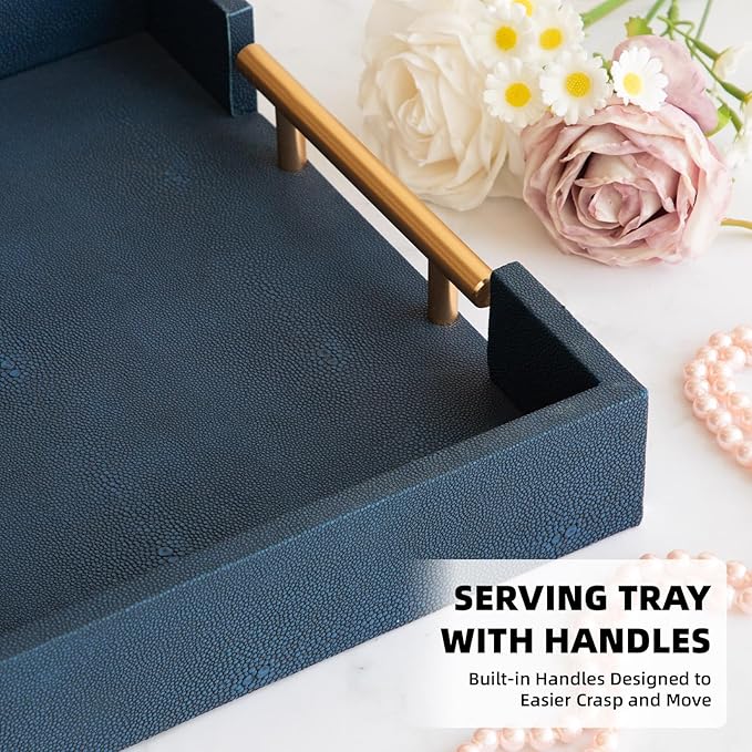 Modern Decorative Tray Set of 2, Blue Shagreen Leather Tray, Rectangle Serving Trays with Gold Polished Metal Handles, Ottoman Trays Coffee Table Perfume Kitchen Home Decor - Bloomnest