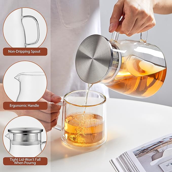 CNGLASS One-Touch Glass Teapot, 27oz(800ml) Glass Tea Kettle with Stainless Steel Filter Lid, Stovetop Safe Loose Leaf Tea Maker - Bloomnest