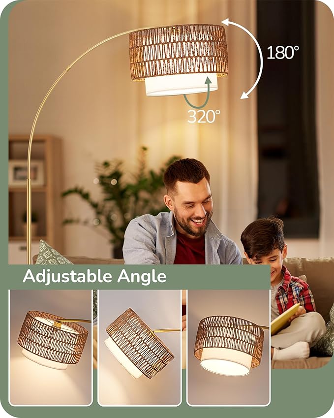 EDISHINE Gold Floor Lamps for Living Room, 76" Arc Floor Lamp with Remote & Dimmable Bulb, Boho Rattan Standing lamp with 5 Color Temperatures, Adjustable Tall Lamp for Bedroom, Office, Nursey - Bloomnest
