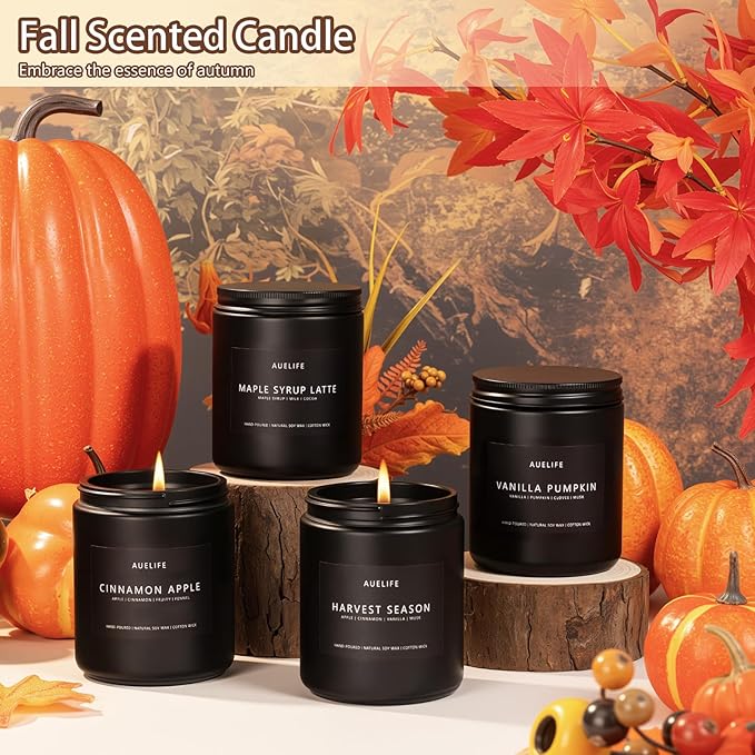 Fall Candles, 4 Pack Soy Candles Set - Autumn Scents of Vanilla Pumpkin, Cinnamon Apple, Harvest Season, Maple Syrup Latte, Aromatherapy Fall Gifts for Men & Women, Thanksgiving Home Decor - Bloomnest