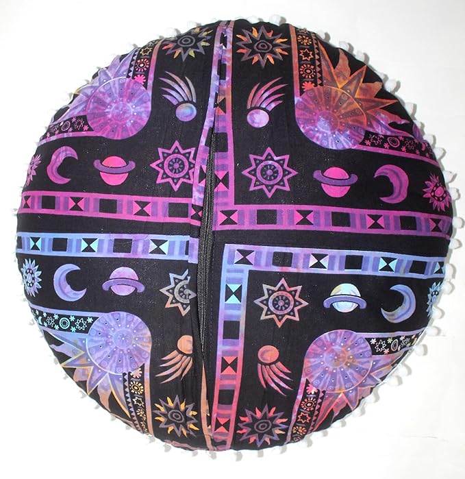 CRAFT KALA Large Round Bohemian Floor Pillow Pouf Cover Mandala Meditation Room Pillow Cover for Adults Boho Seating Poufs Cushion Cover for Kids Playroom 32" Round Multi Purple Burning Sun - Bloomnest