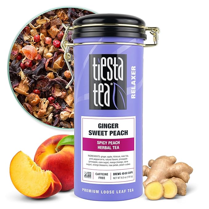 Tiesta Tea - Ginger Sweet Peach, Loose Leaf, Spicy Peach Herbal Tea, Tranquility Non-Caffeinated Blend, Bulk Hibiscus Leaves with Cane Sugar, Brews Up to 50 Cups, 6 Ounce Refillable Tin - Bloomnest