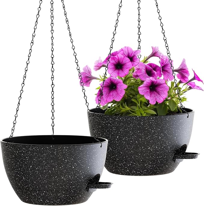 WOUSIWER Self Watering Hanging Planters, 2 Pack 12'' Plastic Pots with Drainage Holes & Reservoir Tray (Speckled Black) | Indoor & Outdoor Use for Ferns, Ivy, Herbs, Succulents - Bloomnest
