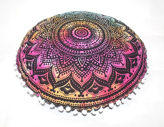 CRAFT KALA Boho Large Floor Pillow Pouf Cover Mandala Meditation Room Pillow Cover for Adults Round Bohemian Seating Pouf Cushion Cover for Kids Playroom 22" Multi Ombre - Bloomnest