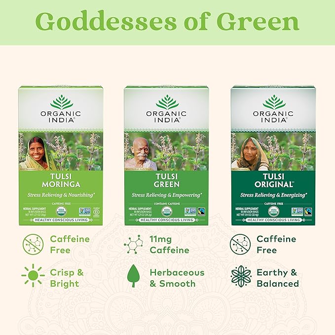 ORGANIC INDIA Tulsi Moringa Tea Bags - Holy Basil, Lemongrass, Moringa Leaves, Stress Relieving & Nourishing, Immune Support Tea, Vegan, Certified Organic, Caffeine-Free - 18 Infusion Bags, 6 Pack - Bloomnest