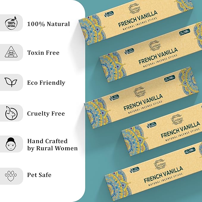 Raajsee French Vanilla Incense Sticks (180 gm), 100% Pure Organic Natural Hand Rolled Free from Chemicals - Perfect for Aromatherapy, Cleansing, Meditation, and Church (Pack of 12) - Bloomnest