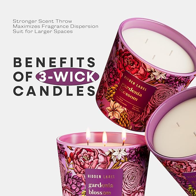 Hidden Label Big Gardenia Blossom Soy Candle, 3 Wick Large Candles for Home Scented, Natural Non Toxic Soy Candles,30oz /100 Hour Burn Time, Aromatherapy Candle for Stress Relief,Relaxation - Bloomnest