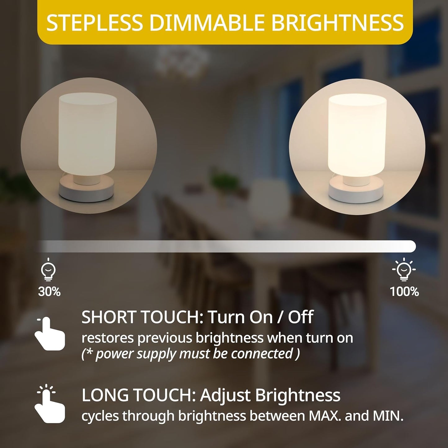 Touch Bedside Lamp, Mini Stepless Dimmable Table Lamps for Bedroom for Night Stands, Small Desk Lamp with Brightness Memory, USB Charging Ports, Warm LED Bulb, White, Cylindrical Shape, 1 Set