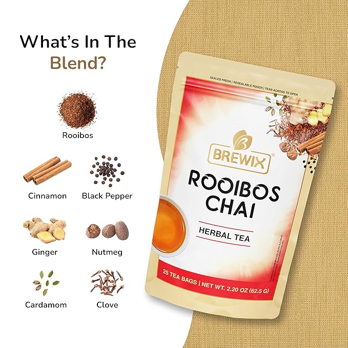 BREWIX, Rooibos Chai Tea Bags (25 Pyramid Tea Bags) Caffeine-Free, Herbal Tea, South African Red Tea | Rooibos, Cardamom, Cinnamon, Black Pepper, Nutmeg, Ginger & Clove - Bloomnest