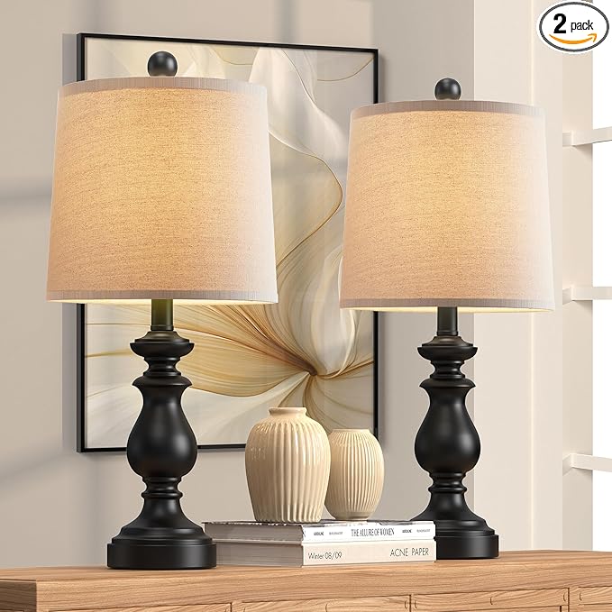 PARTPHONER Traditional Table Lamp Set of 2, Rustic Farmhouse Table Lamps for Living Room Bedroom, 22" Bedside Desk Lamps Vintage Nightstand Lamps with Linen Shades, Black - Bloomnest