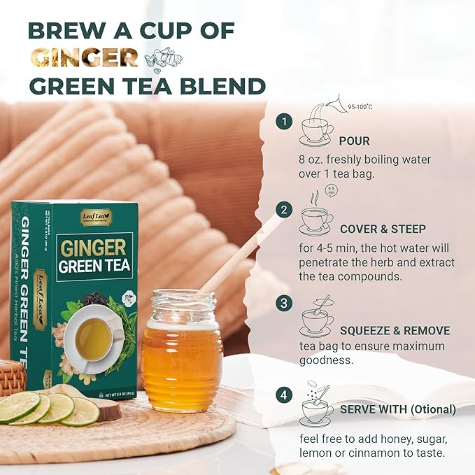 LeafLea Ginger Green Tea, 40 Individually Wrapped Tea Bags of Soothing Green Tea Blend with Natural Ginger Root, Sweetened with Stevia, Supports Digestion and Immunity, Low Caffeine, Sugar-Free - Bloomnest