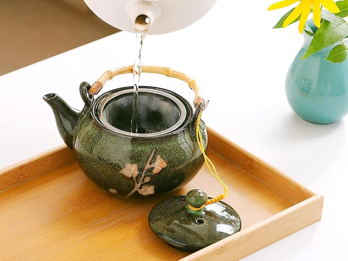 Traditional Japanese tea set, Kiln altered glaze Porcelain tea set with 1 Teapot, 6 Tea cups, 1 Tea Tray,Japanese teapot set, Asian tea sets (Kiln altered-Green) - Bloomnest