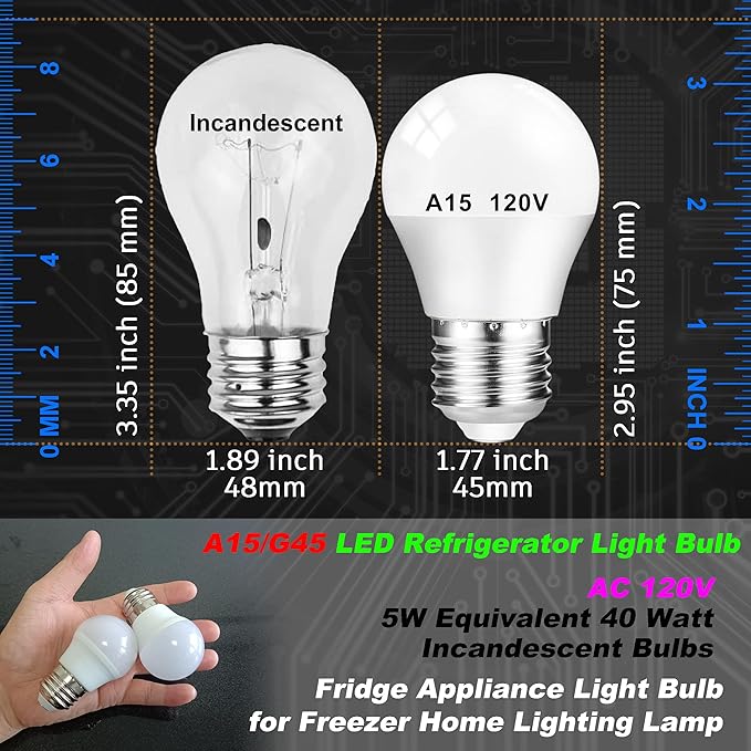 A15 LED Refrigerator Light Bulb 40 Watt Equivalent 120V 500lm 5000K Daylight White 5 Watt E26 Standard Medium Base Fridge Appliance Light Bulb for Freezer Home Lighting Lamp,Non-Dimmable,2 Pack - Bloomnest
