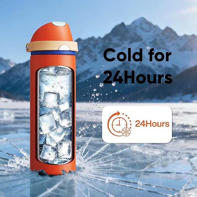 Insulated Water Bottle with Straw - Encool Stainless Steel Water Bottle with Push Button Lid, Leak-Proof & BPA-Free, Keeps Cold for 24 Hours for Sports, Travel, Gym (24 oz, Salmon) ENCOOL