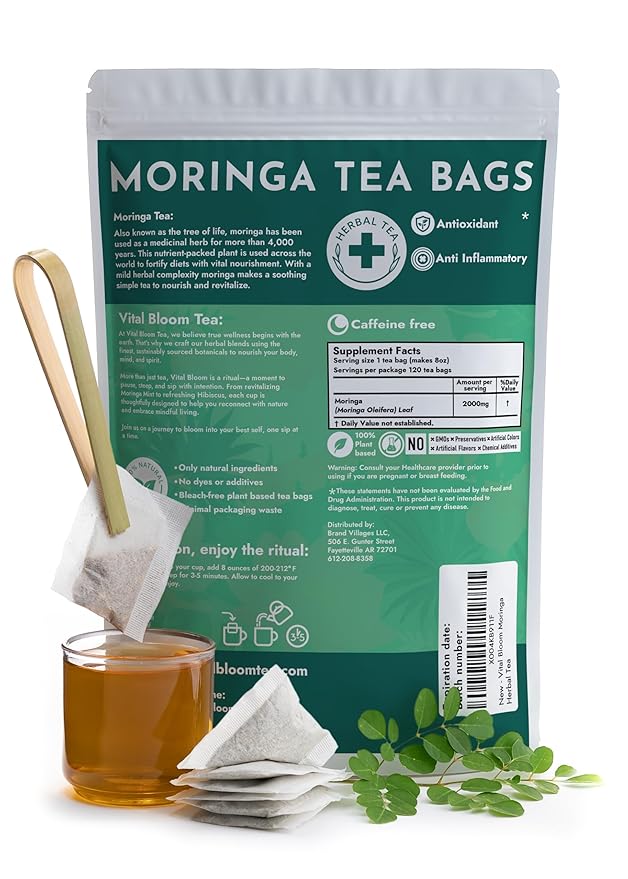 Vital Bloom 120 Tea Bags Moringa Tea, 100% Natural Moringa Leaves Herbal Tea, Supporting Digestion & Immune System - Bleach Free Tea Bags, Non-GMO (Free Bamboo Tongs Included) - Bloomnest