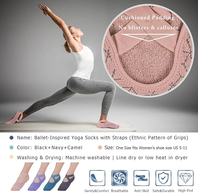 Ozaiic Pilates Socks for Women Non Slip Grip, Yoga Socks with Grippers for Barre, Hospital, Ballet, Dance, Barefoot Workout - Bloomnest