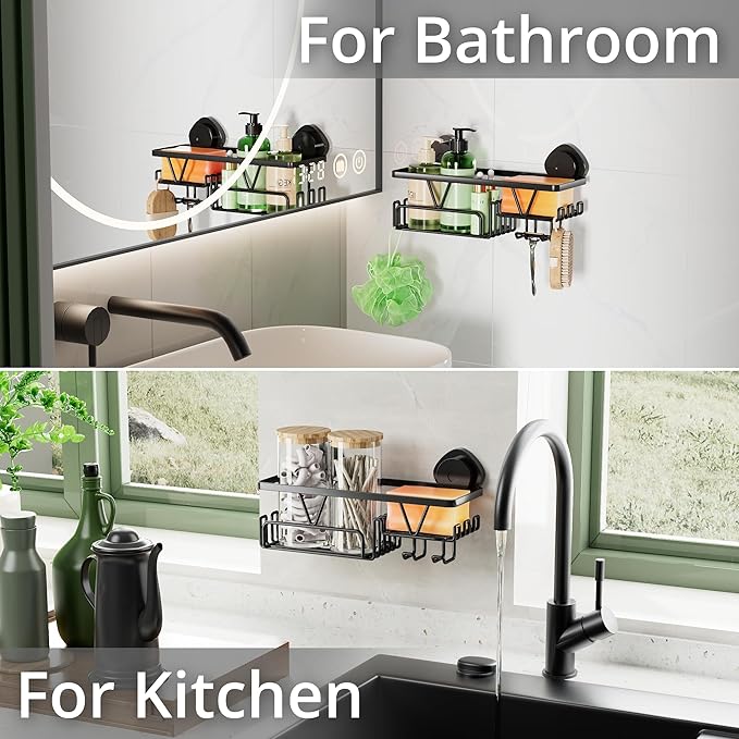 KEGII Shower Caddy Suction Cup with Soap Holder and Hooks, Removable Suction Bathroom Organizer Shelf, No Drilling Shower Organizer, Stainless Steel Shampoo Holder for Bathroom Storage, Black - Bloomnest