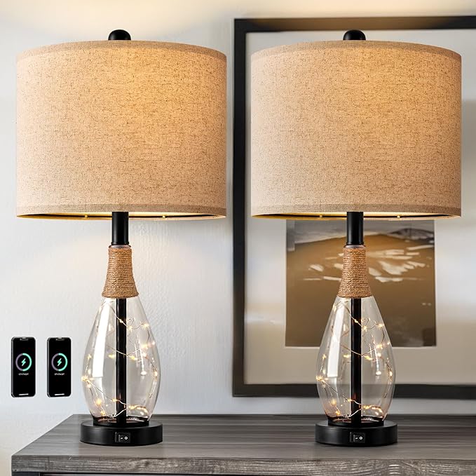 OYEARS 23" Table Lamps for Living Room Set of 2 Bedside Lamps for Night Stands Bedroom Lamps Farmhouse Rattan Boho Lamp Glass Nightlight End Table Lamp with USB C+A (Black),Two Light Points - Bloomnest