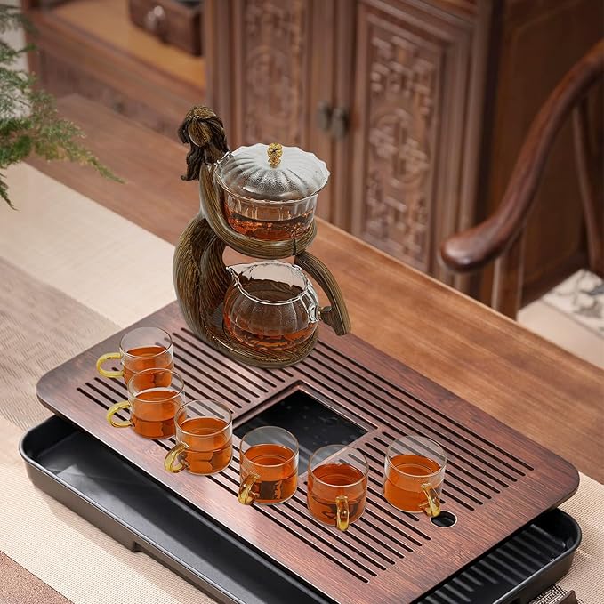 Semi Automatic Glass Teapot Set with 6 Small Cups, Magnetic Teapot with Infuser Tea Maker Machine for Homes, Offices, Gatherings (Coffee)