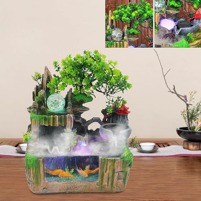 Indoor Fountain Rockery Tabletop Fountain with an Atomizer Elaxation and LED Light Water Feature Meditation Desktop Fountains for Home Office Decor or Gift 11.81''L x 7.09''W x 12.99''H
