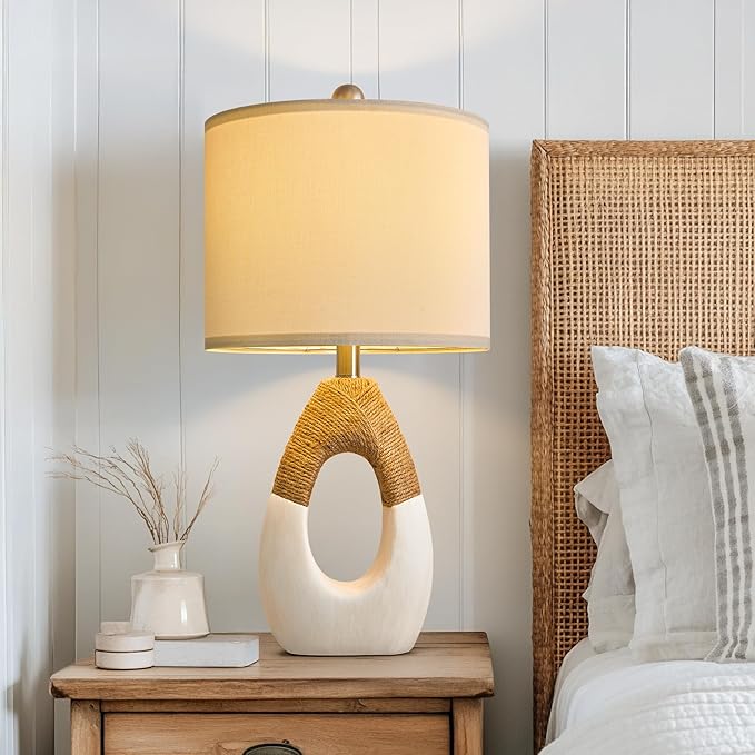 OYEARS 22” Boho Table Lamps for Bedroom Living Room Upgraded Set of 2 Medium Farmhouse Rattan Table Lamps, Rustic Home Decoration Nightstand Bedside Lamp for Office (Not Include Bulbs) - Bloomnest