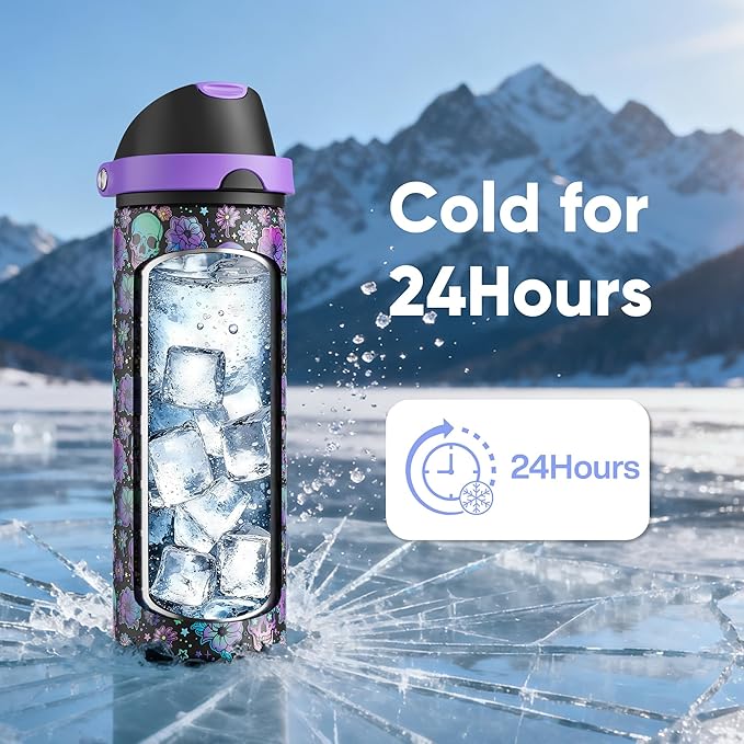 Insulated Water Bottle with Straw - Encool Stainless Steel Water Bottle with Push Button Lid, Leak-Proof & BPA-Free, Keeps Cold for 24 Hours for Sports, Travel, Gym (24 oz, Floral Afterlife) ENCOOL