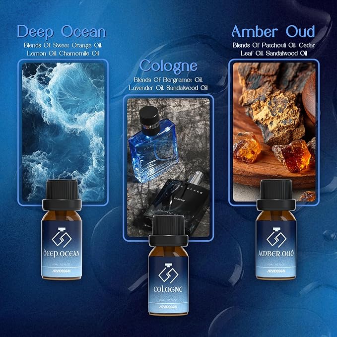 ARVIDSSON Cologne Fragrance Oils Set, Essential Oils for Diffuser | Deep Ocean, Cologne, Amber Oud, Tobacco Vanilla, Man Cave, Midnight Musk, Diffuser Oil Scents for Candle Making, Soap Making - Bloomnest