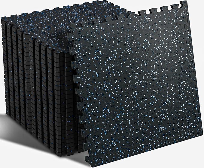 SUPERJARE 0.56'' Thick 24 Pcs 96 Sq Ft Rubber Top Exercise Equipment Mats, High Density EVA Foam Mats with Rubber Top, Interlocking Gym Flooring for Home Gym, Protective Workout Mat, Black/Blue - Bloomnest