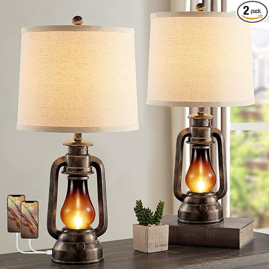 Farmhouse Rustic Table Lamps for Bedroom Set of 2, Vintage Lantern Lamp with Dual USB Charging Ports,25" Retro Antique Bedside Nightstand Desk Lamp for Living Room End Table Entryway, 4 Bulb Included - Bloomnest