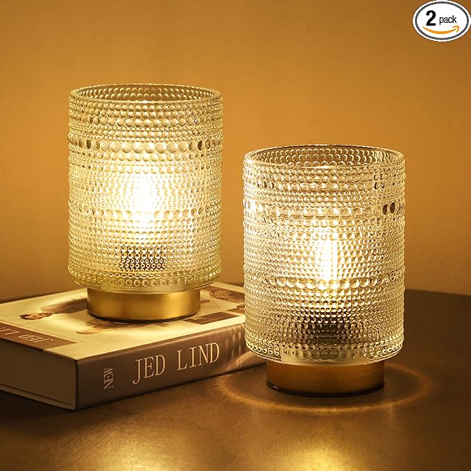 2 Pack Battery Operated Decorative Aesthetic Lamp with Timer for Dorm/Office/ Patio/Bedside/,Small Cordless Table Lamps with LED Warm Bulb for Shelf/Coffee Table/Entryway/ Mantle/Dresser Decor(Clear) - Bloomnest