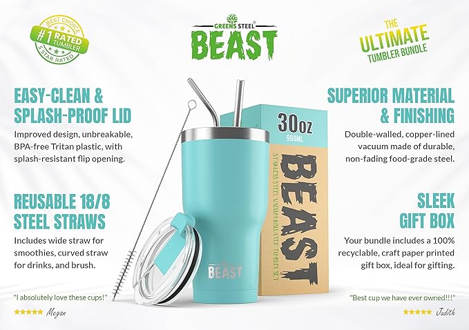 Beast 30 oz Tumbler Stainless Steel Vacuum Insulated Coffee Ice Cup Double Wall Travel Flask (Aquamarine Blue) - Bloomnest