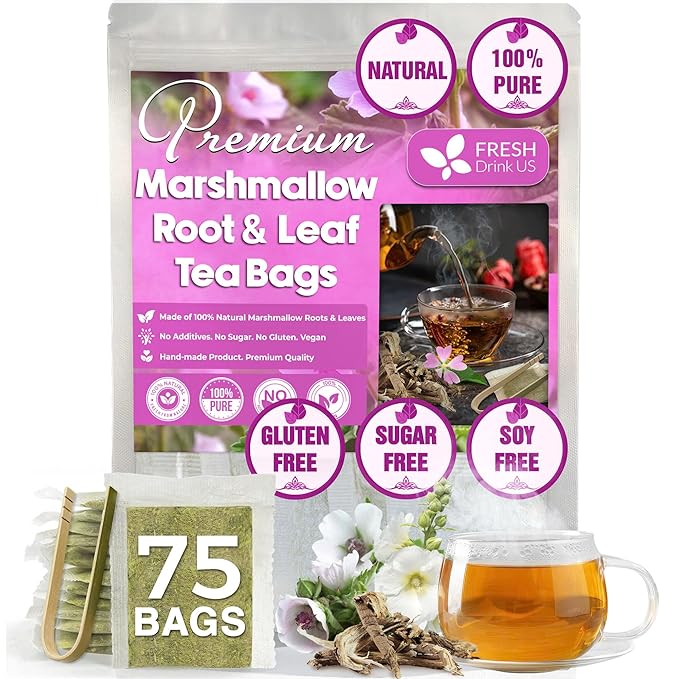 FreshDrinkUS, Premium 75 Marshmallow Root and Leaf Tea Bags, 100% Natural & Pure. Loose Leaf Marshmallow Herbal Tea. Made with Eco-Conscious Tea Bags. No Sugar, No Caffeine, No Gluten, Vegan. - Bloomnest