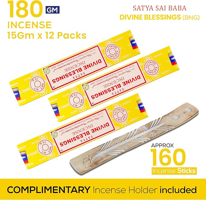 Satya Divine Blessings Incense Sticks, Satya Bng (Bangalore) Insenses 15gmx12 Pack with Raajsee Incense Holder Bundle, Satya Nagchampa Natural Incense RAAJSEE