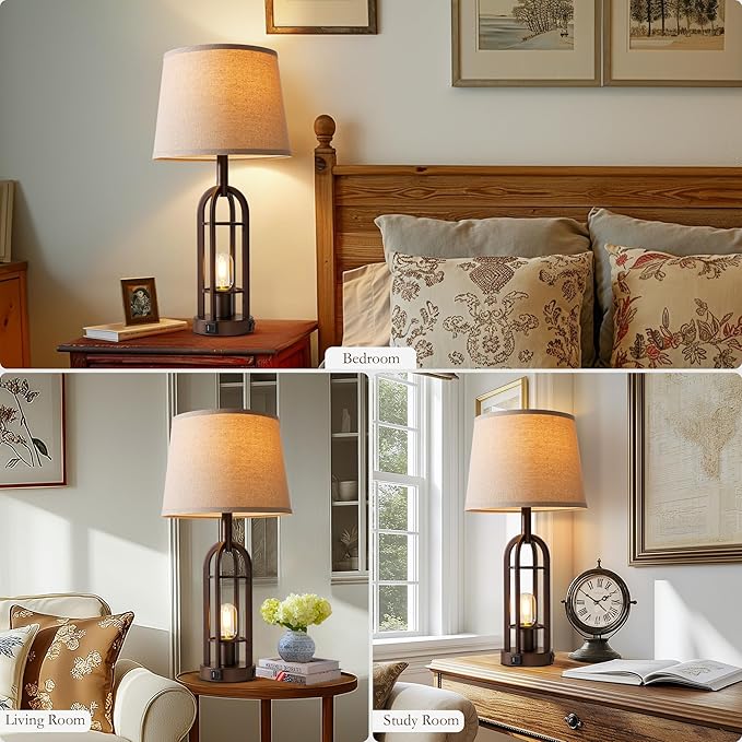 Table Lamps for Living Room End Table Set of 2 - Farmhouse Industrial Bedside Lamps for Bedroom Nightstand with Nightlight and USB A+C, 4 Bulbs Included - Bloomnest