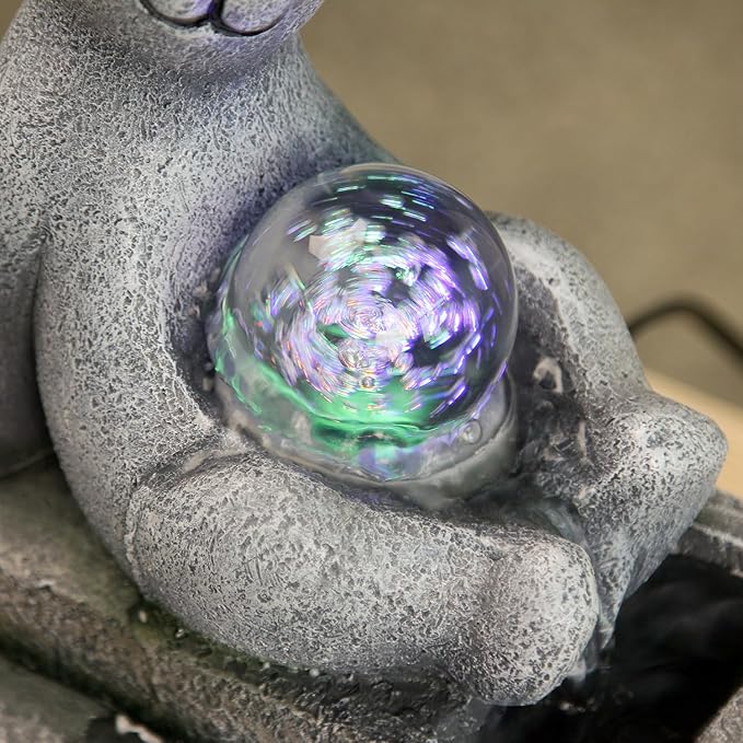 Cascading Rock Tabletop Fountain, Cute Indoor Waterfall Fountain with Colored LED Lights and Rolling Ball, 3 Tiered Desktop Fountain for Office Home Bedroom (Bear)