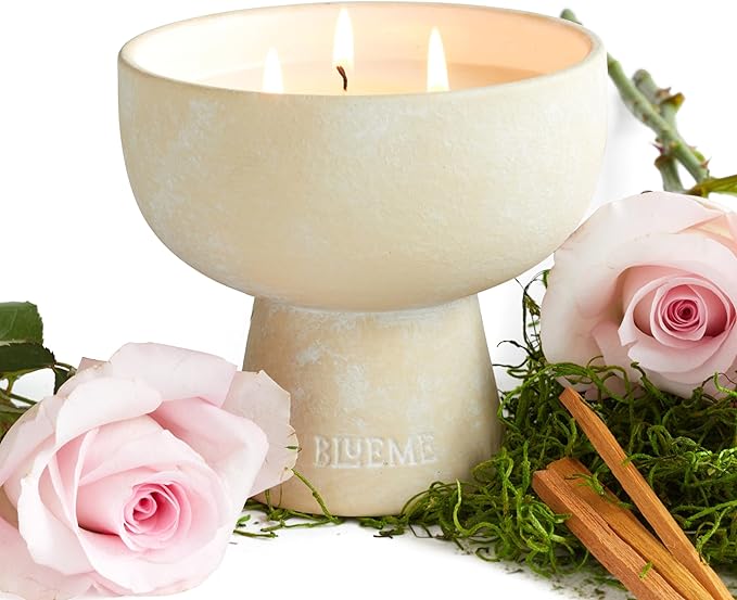 BLUEME Romance - Oakmoss & Sandalwood, Luxury Candle w/Essential Oils, 3 Wick, Hand-Poured Soy, Cotton Wick, Ceramic - Bloomnest